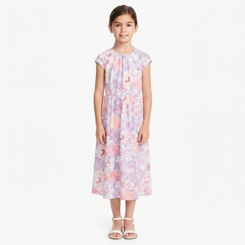 Lands End Kids Dress 14 Girls Purple Floral Short Sleeve Elastic Waist Midi